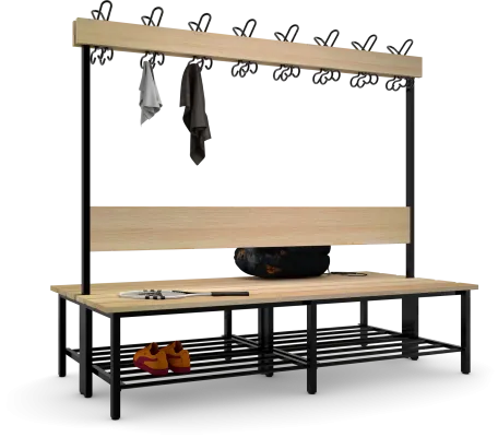 Doppelseitige Garderobenbank mit Sitzauflagen, Rückenlehne und Hackenleiste aus Buchenholzleisten, Ausführung mit Schuhrost
